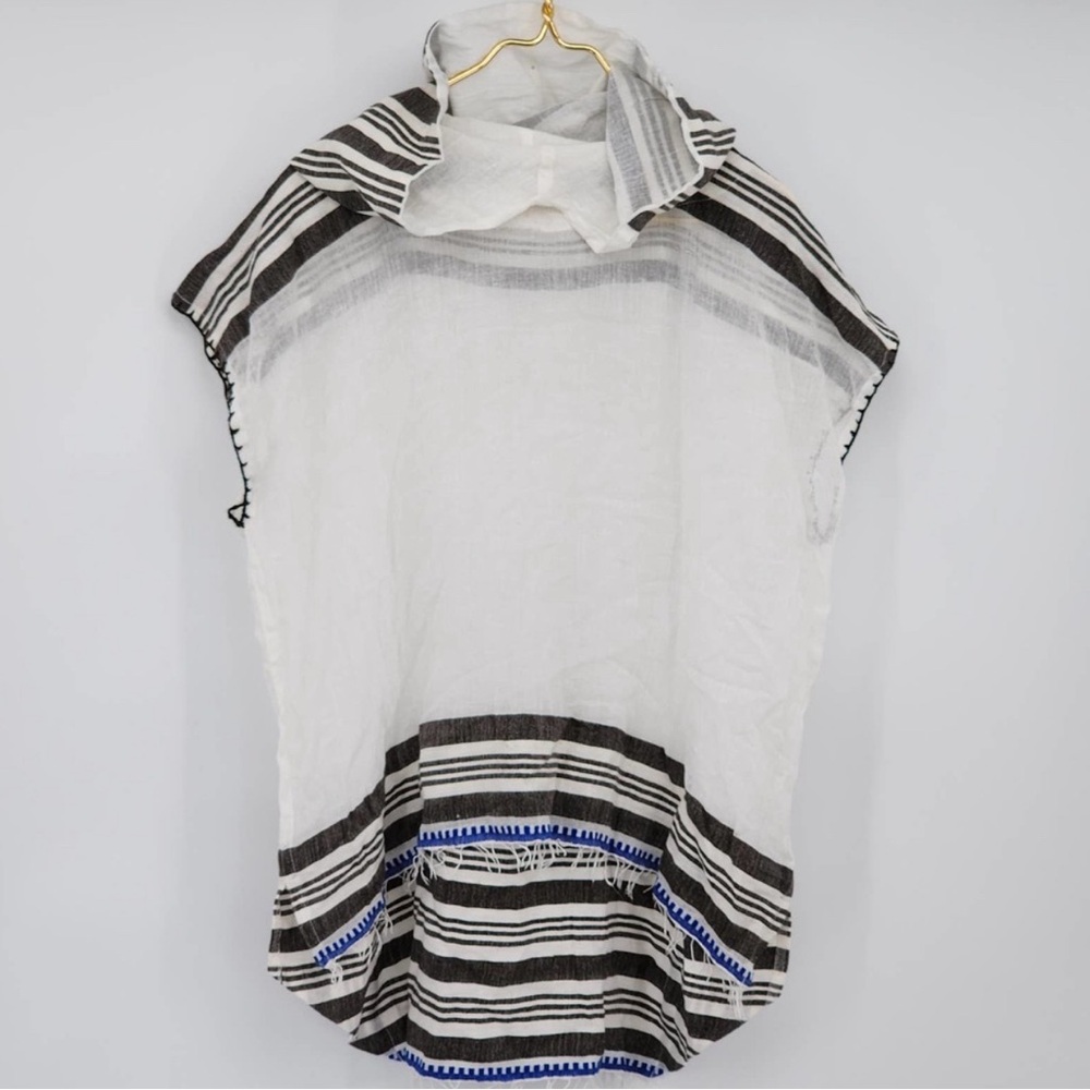 LemLem Hooded White Striped Fringe Top Side Split Cover Up Poncho Small